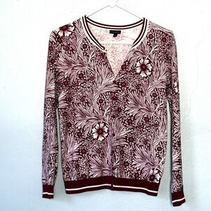 Talbots Cardigan Sweater Small Pink Berry Floral Lightweight Button Down Preppy
